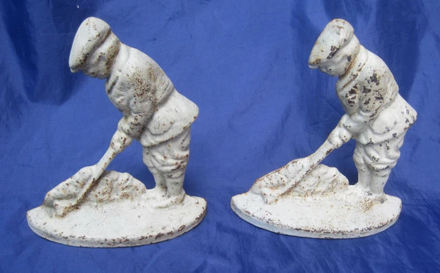Cast Iron Painted Door Stops  Book Ends Man Playing Golf Pair  Set of 2 White