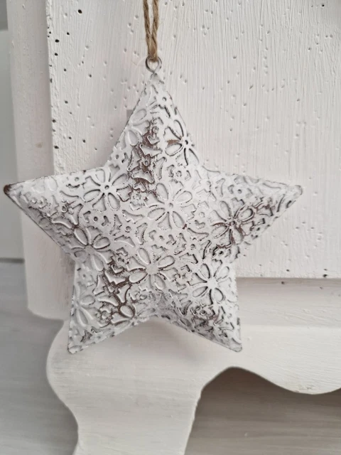 Deko Hänger Stern Weihnachten Weiß Metall m. Juteband 12,8x2,2x13 cm