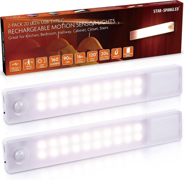 WARM WHITE RECHARGEABLE 8” LED Motion Sensor Lights - 2 Pack for ...
