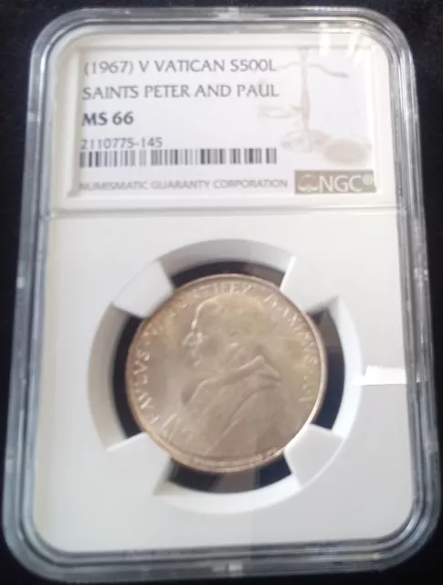 Pope Paul VI **MS66-ONLY 3 HIGHER** 1967 V Vatican 500 Lire , km#99 - Silver 2