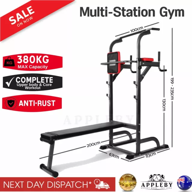 Power Tower Fitness Station Chin Push Pull Up Bench Press Knee Raise Home Gym