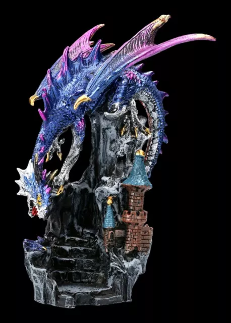 Drachen Figur auf Burg - Blauer Terror - Fantasy Drachenkrieger Dekostatue