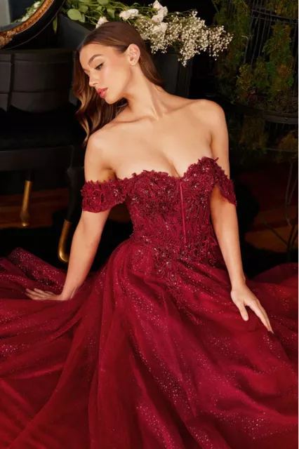 Cinderella Divine APPLIQUE, OFF SHOULDER, TULLE, A-LINE GOWN CD0198 2XL Burgundy