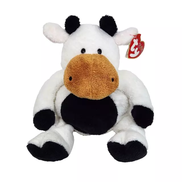 Ty Pluffies 2002 Grazer Black + White Cow Stuffed Animal Plush Toy Soft W/ Tag