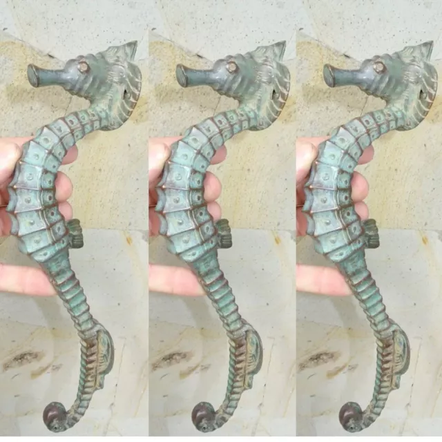 3 small SEAHORSE solid brass door AGED GREEN old style house PULL handle 10" B