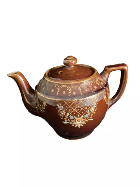Vintage Chocolate Brown Glazed Teapot ~ Gold Trim & Oriental Floral Desgn ~Japan