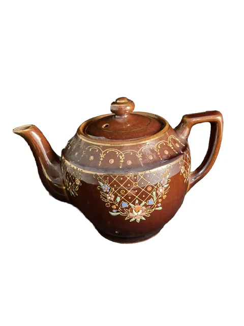 Vintage Chocolate Brown Glazed Teapot ~ Gold Trim & Oriental Floral Desgn ~Japan