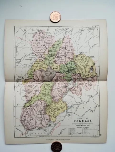 Antique/Vintage County Map of PEEBLES, Scotland - Phillips Handy Atlas , 1882