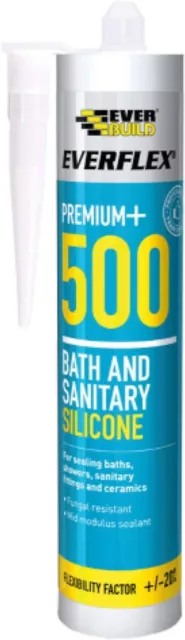 Everbuild Everflex Premium+ 500 Bath & Sanitary Silicone Sealant - White, 295ml