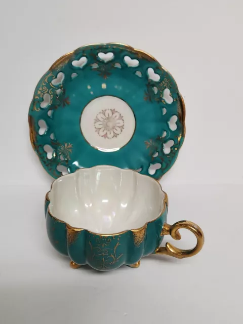 LM Royal Halsey Tea Cup Very Fine Japan Teal & Gold W/Lattice Saucer  Vintage