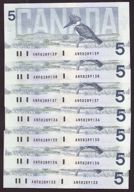 7x 1986 Canada $5 consecutive notes Knight Dodge ANR8289133-39 Choice UNC