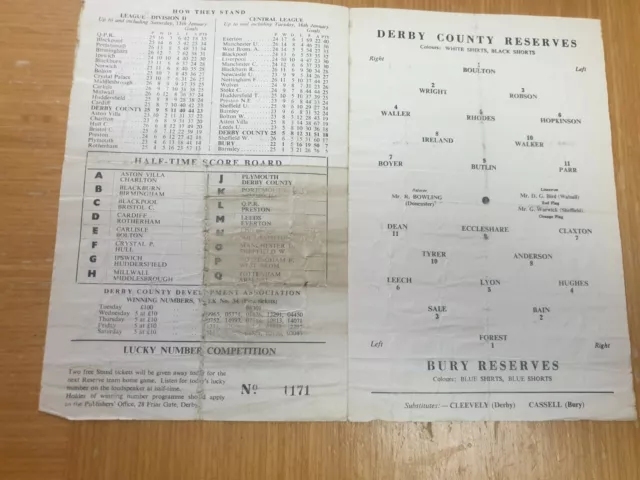 Derby County Reserves v Bury Reserves Central League 1967/68~Free Postage 2