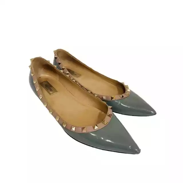 VALENTINO Blue Gray Leather Patent Rockstud Accent Point Toe Flats 40.5 US 10.5 3