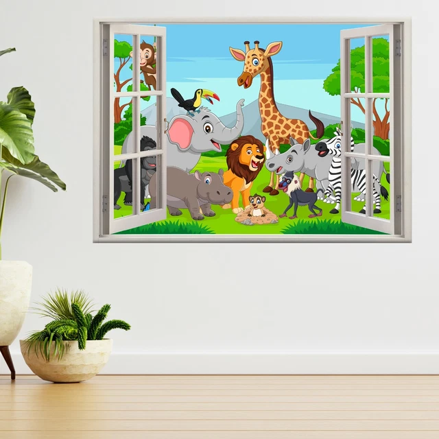 Cartoon Wild Animals In Jungle 3d Window View Wall Sticker Poster Decal A485