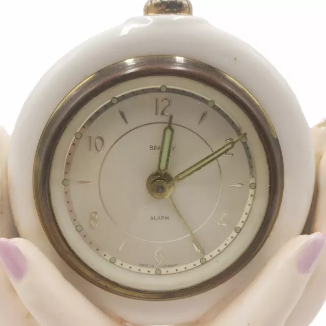 Bradley German Porcelain Floral Wind Up Alarm Clock Woman's Hands Mid Century 3