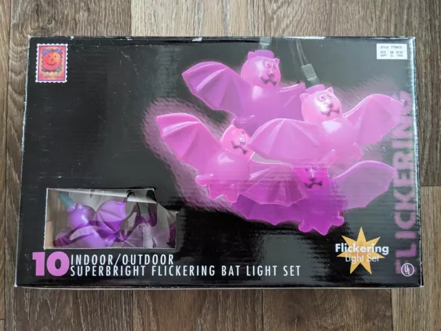 Vintage New Flickering Purple Bat Super Bright String Light Set Halloween Spooky