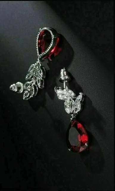Pear Cut Red Garnet Lab Created Diamond Wedding 14Ct White Gold Filled Earrings