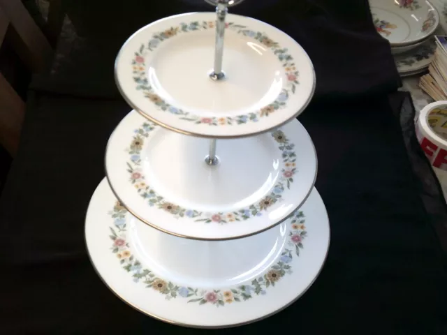 full size 3 tier cake/scon/sandwich stand with royal doulton pastorale plates