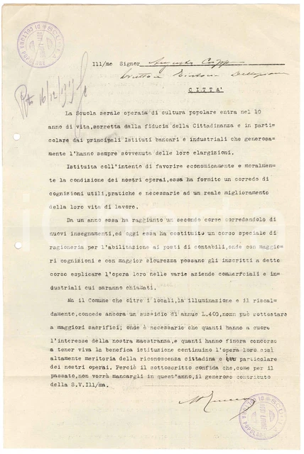 1919 NOVI LIGURE Scuola di Coltura Popolare - Lettera scuola serale operaia