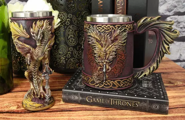 Dragons Lair Winged Dragon With Flame Blade Sword Drink Mug And Wine Goblet Set