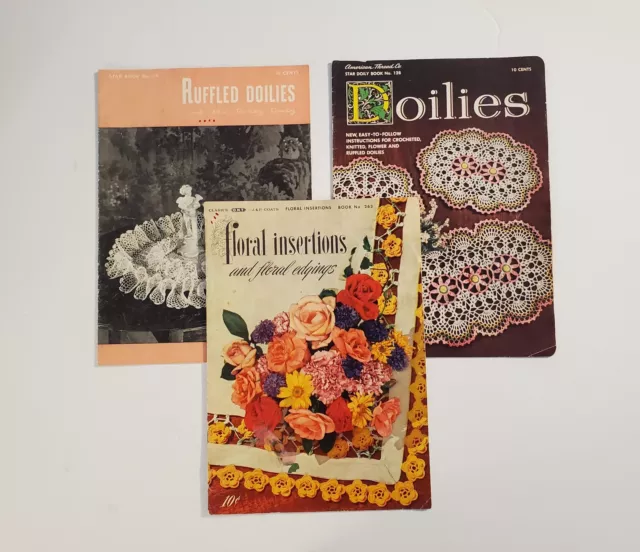 Lote de 3 Folletos de Diseño de Patrones de Instrucción de Borde Floral de Doilies de Colección