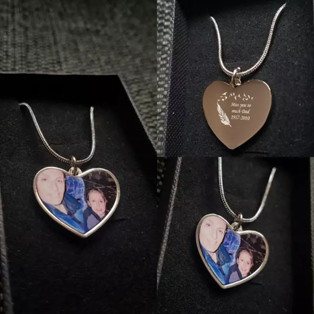 Personalised Photo printed & text engraved Heart Pendant - Birthday Gift.