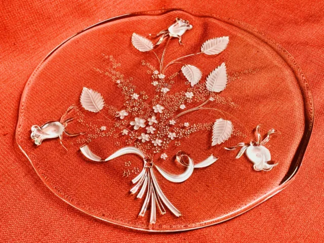 Round Clear Glass Frosted Embossed Roses Footed Cake Plate Stand 12 1/4”dia.