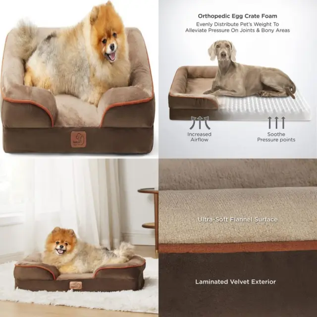 Bedsure Small Orthopedic Dog Bed, Bolster Beds for S(24x18x6）, Brown
