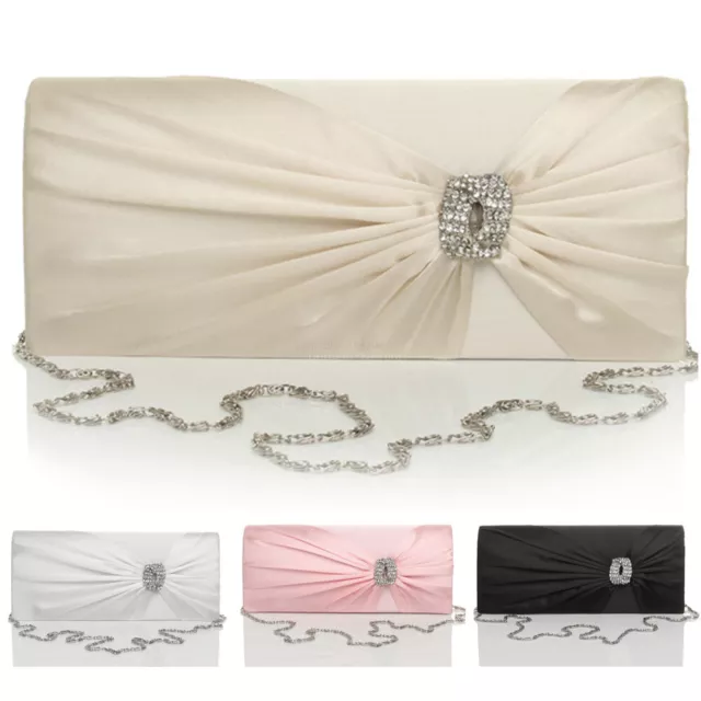 Womens Ladies Clutch Prom Wedding Evening Flap Ruched Diamante Bags Handbags