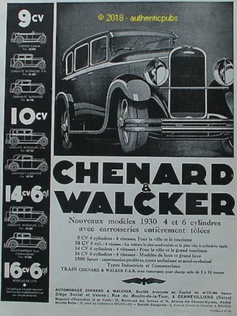 Publicite Chenard Walcker Automobile Torpedo Cabriolet De 1929 French Ad Pub