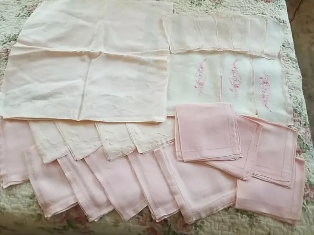 Vintage Madeira Pink Shadow Work Organdy Tablecloth Coasters Napkins Linen Lot