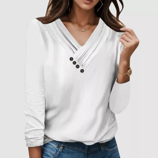 Women Casual Long Sleeve Tops V Neck Solid Color Loose Long Sleeve Tops