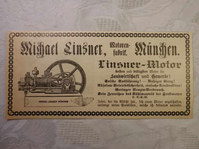 Werbung Inserat Anzeige Michael Linser Motor Motorenfabrik Benzin 1905