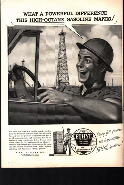 1954 Ethyl Gasoline Ad Oil Worker driving thru Oil Rigs nostalgic b3
