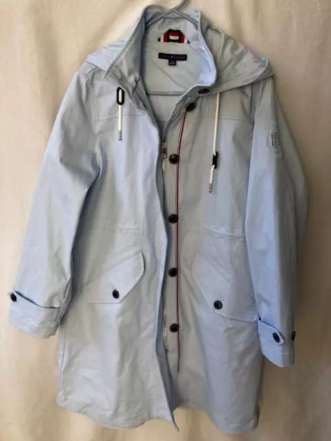 Tommy Hilfiger Trench Coat L Hooded Baby Blue Jacket Preppy Classic Drawstring 3