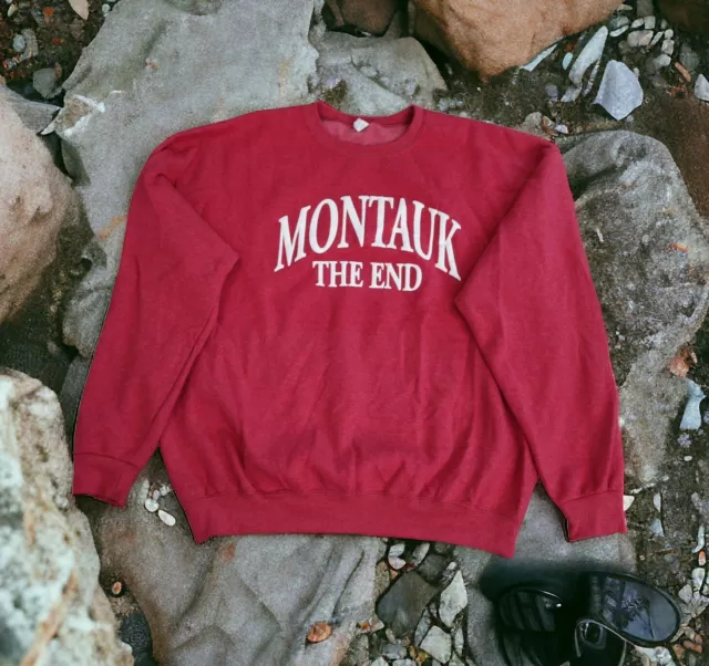 Vtg Montauk Long Island The End Xl Raspberry Crew Neck Puff Print Sweat Shirt