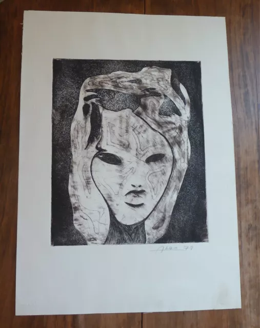 Vintage Signed Aldo Expressionist Surreal Etching Engraving Figure Holding Head