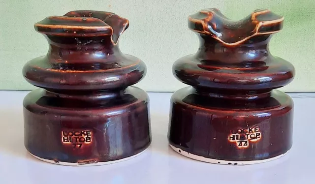 2 Locke Hi Top 77 Insulators Porcelain Ceramic Chocolate Brown 4” Tall 3 ¾” Wide