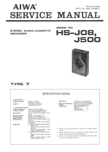 AIWA HS J08 J500 - SERVICE MANUAL IN COLOR VERSION + SUPPLEMENT - REPAIR English