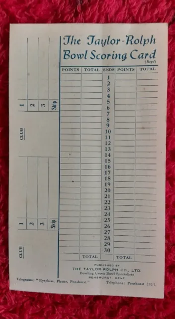 Vintage Taylor-Rolph Co. Ltd, Penshurst,  Kent Bowls Scorecard Facsimile Copy