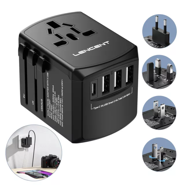 LENCENT Universal Travel Adapter Type-C 3 USB Charger US/UK/EU/AU Plug Converter