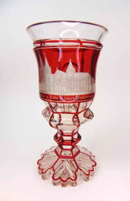 Biedermeier Ansichten Pokal rot Beize "Kölner Dom" um 1880