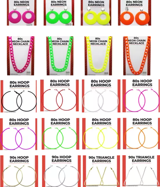 Ladies 70s 80s 90s Neon Clip On Earing Fluro Necklace Disco Party Accessory