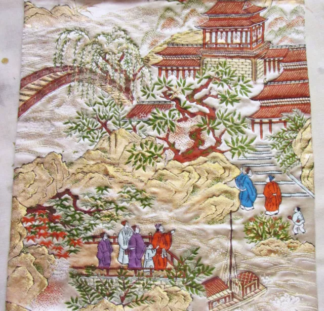 Vintage Japanese Kimono Wedding Fukuro Obi Silk Piece Landscape with Temple Boat