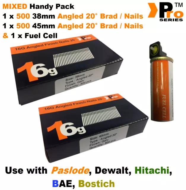 38mm + 45mm Mixed 16g ANGLED Nails, 2 x 500 pack + 1 x Fuel Cell for Paslode