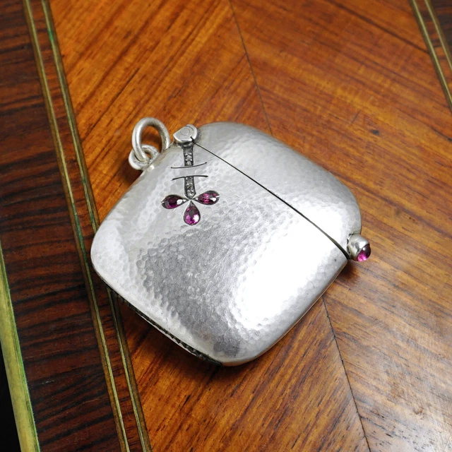 Antique Austrian .800 Silver Ruby & Diamond Jeweled Vesta Case Match Safe