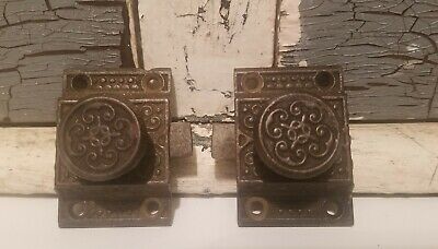 2 Antique Victorian Ornate Cabinet Door Lock Cast Iron Matching