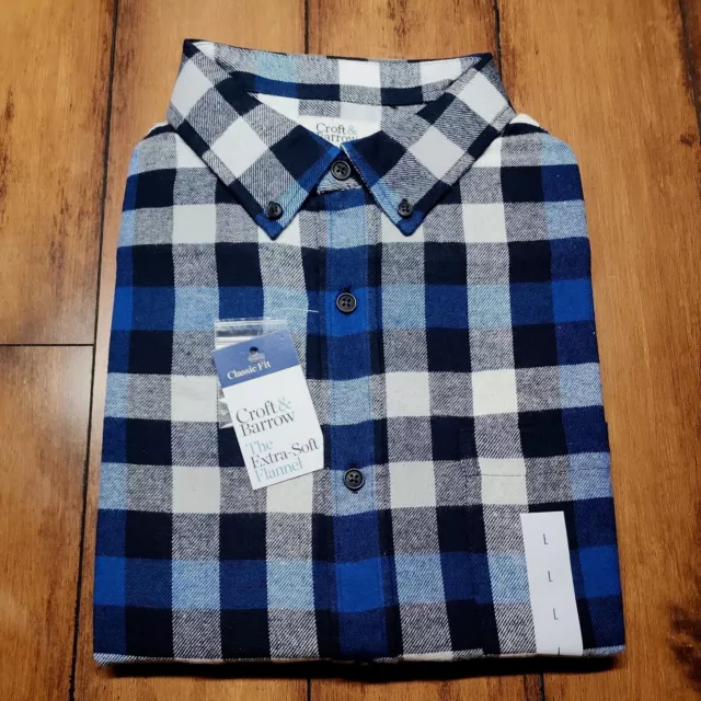 Croft & Barrow Men's Large Flannel Shirt Woven Plaid Blue/White Button-down New