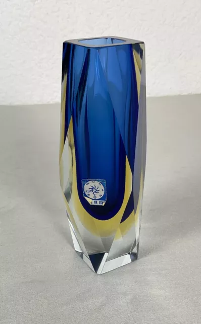 Ancien vase, soliflore  en verre bleu Murano par Flavio Poli