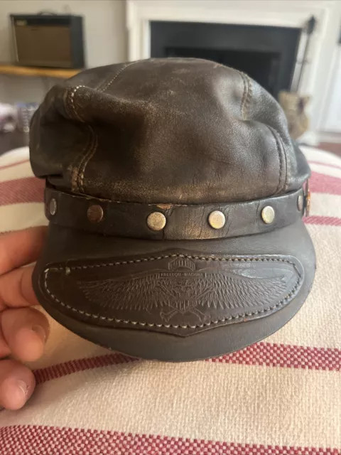 Vintage Freedom Machine Cycles Black Leather Bikers Hat Broken In 70s 60s Harley
